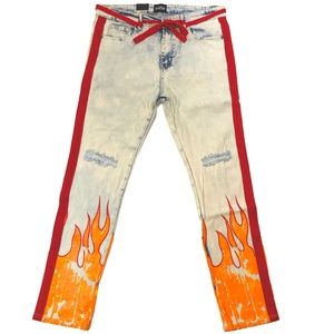 Men’s “Snow Red Flame” jeans. Size 34, and 36.